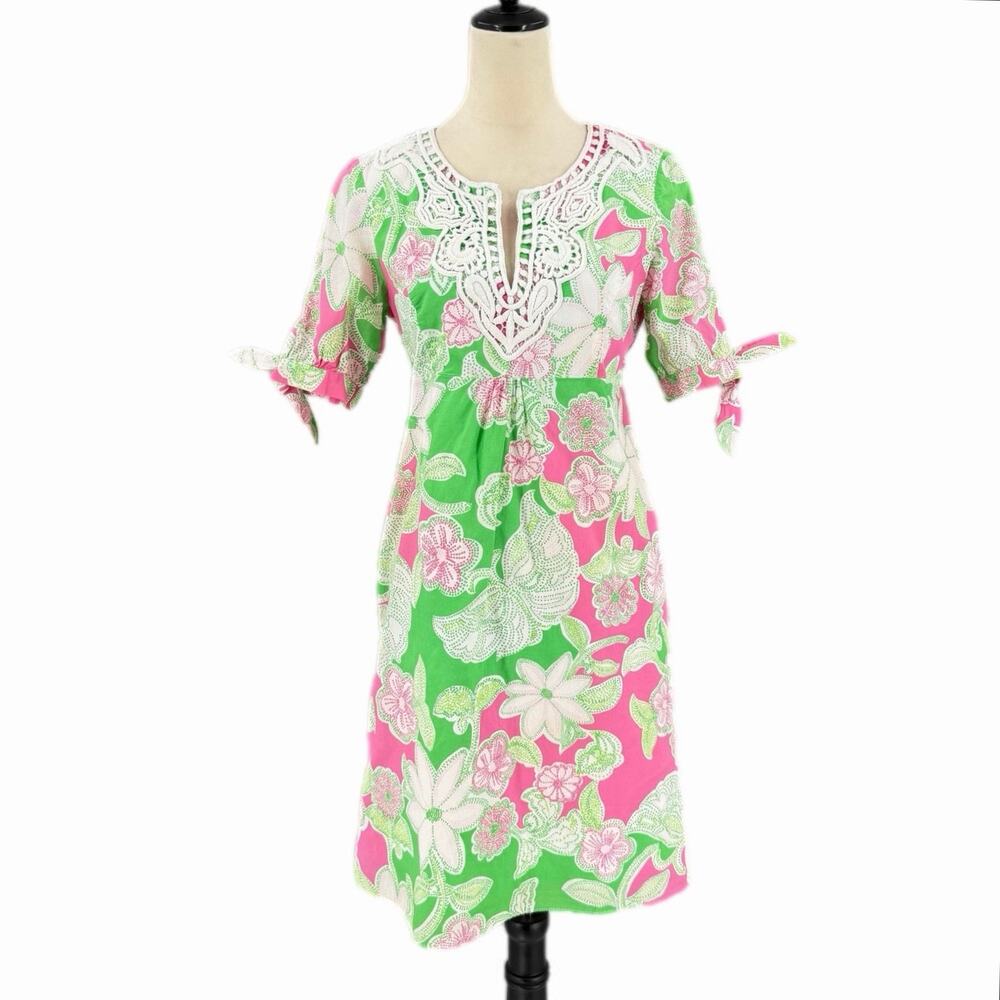 Lilly Pulitzer Pink Green Floral Crochet Poplin Cotton Y2K Beachy Preppy Dress
